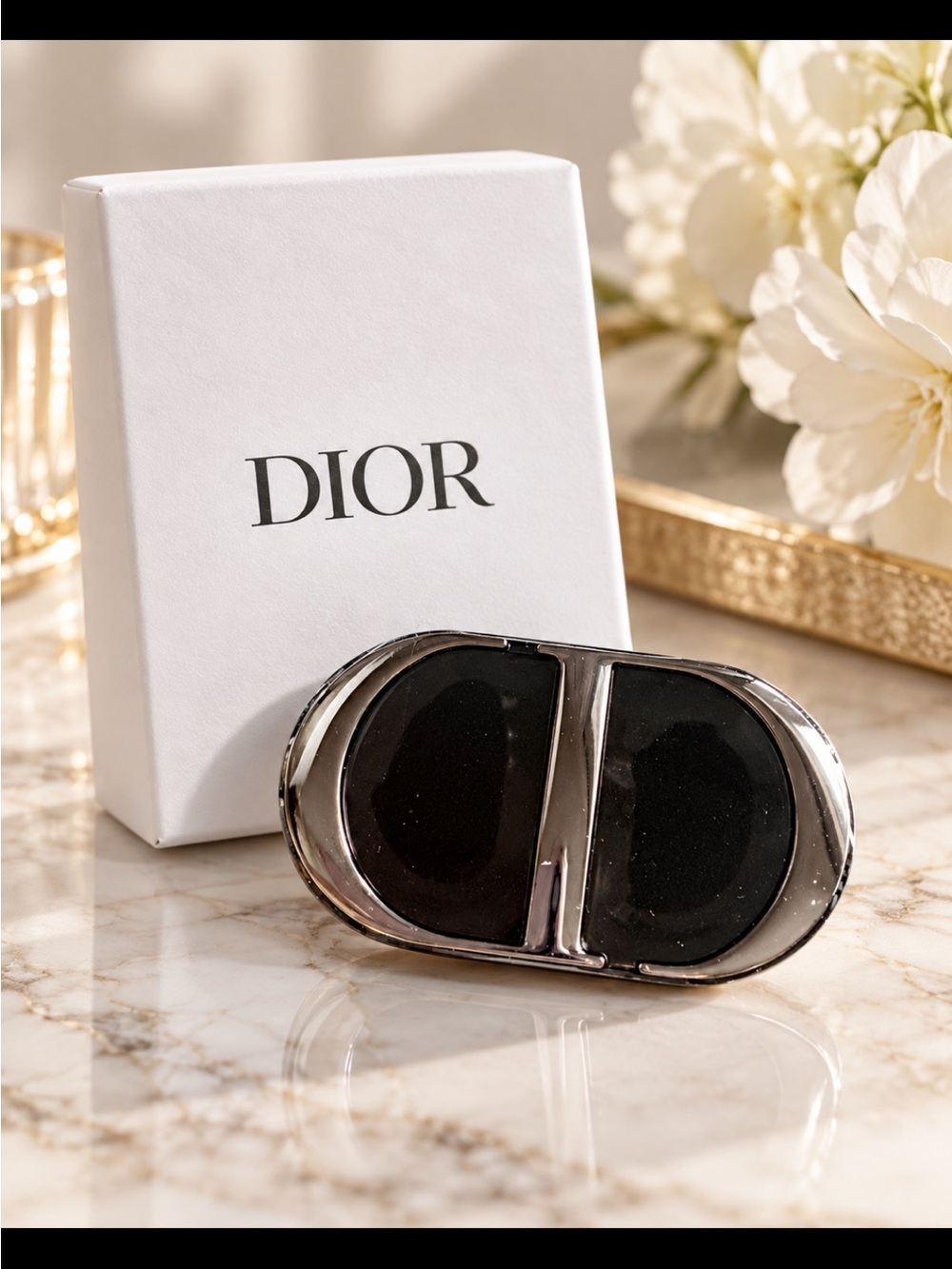 Dior Black and Silver Oval Phone ring with Mirror